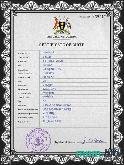 Uganda narodziny certyfikat PSD szablon